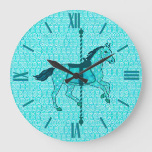 Karussell Pferd - Türkis und Aqua Große Wanduhr