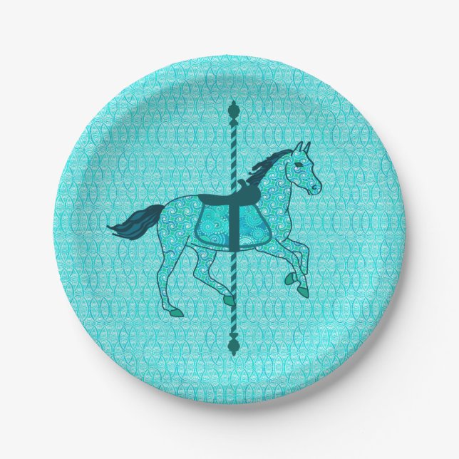 Karussell Pferd - Türkis und Aqua Pappteller (Vorderseite)