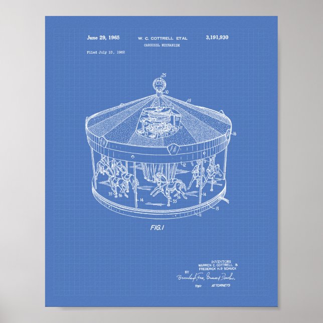 Karussellmechanismus 1965 Patentart Blueprint Poster (Vorne)