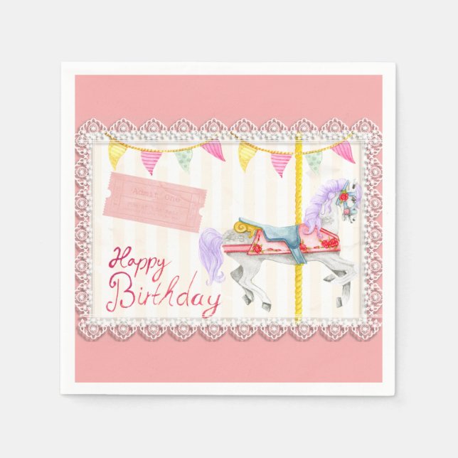 Karussellpferd (rosa) Geburtstag Serviette (Vorderseite)