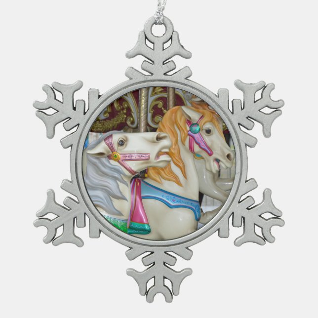 Karusselpferde Schneeflocken Zinn-Ornament (Vorderseite)