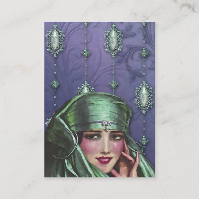 KASCHMIR-KARMA, EXOTISCHE DAME in AQUAMARINEM und Visitenkarte (Vorderseite)