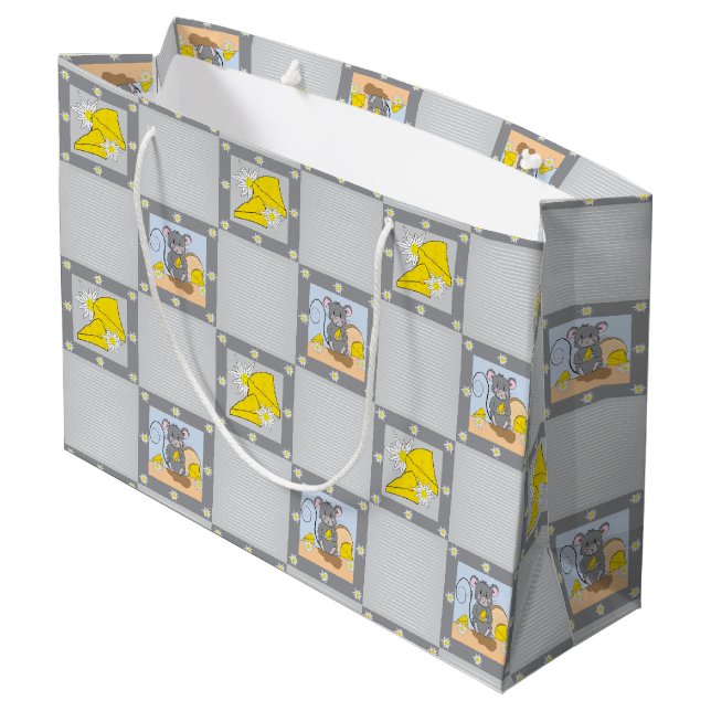 Käse und Maus Baby Dusche Gelb Graue Geschenktasch Große Geschenktüte (Rückseite Schrägansicht)