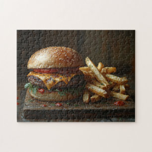 Käseburger- und Knoblauchfrittenmalerei