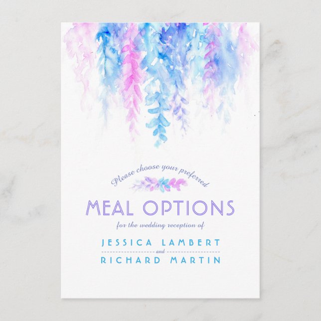 Kaskadenmenü für Hochzeiten mit blauer Blume Begleitkarte (Vorderseite)