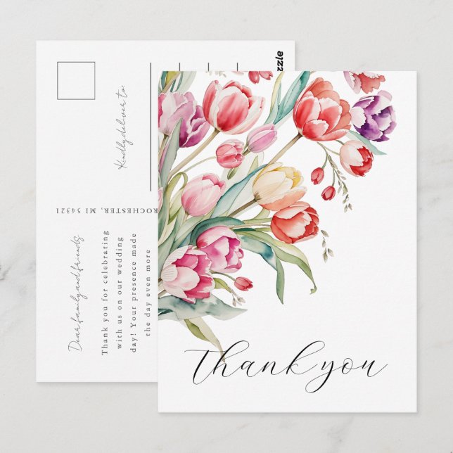 Kaskadierende Aquarelltulis vielen Dank Postkarte (Vorne/Hinten)