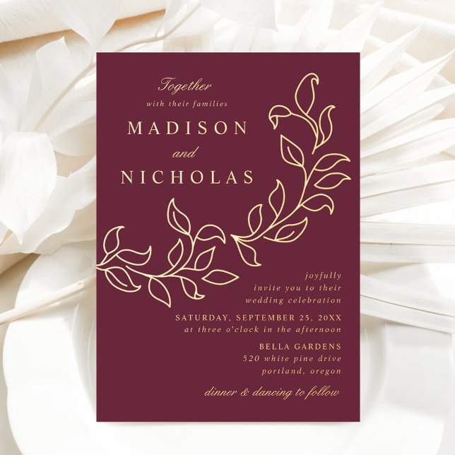 Kaskadierende Blätter HochzeitsMerlot und Gold Folieneinladung (Von Creator hochgeladen)