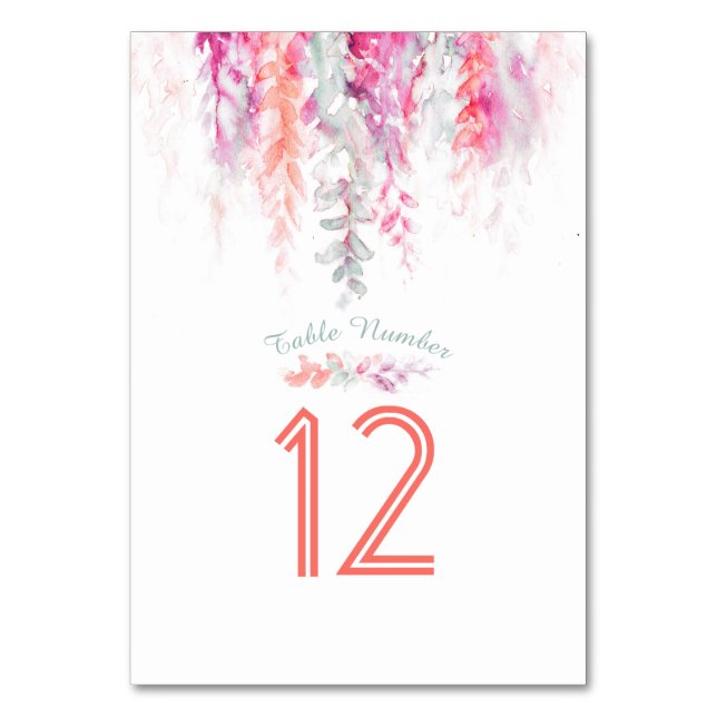 Kaskadierende Blume Koralle rosa grüne Wasserfarbe Tischnummer (Rückseite)