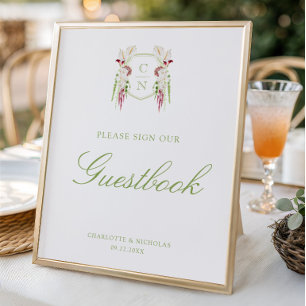 Kaskadierende Florale Monogramm-Hochzeitsgästebuch Poster