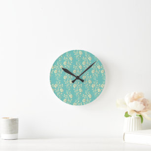 Kaskadierende Gold-Blume auf aquamarin Runde Wanduhr