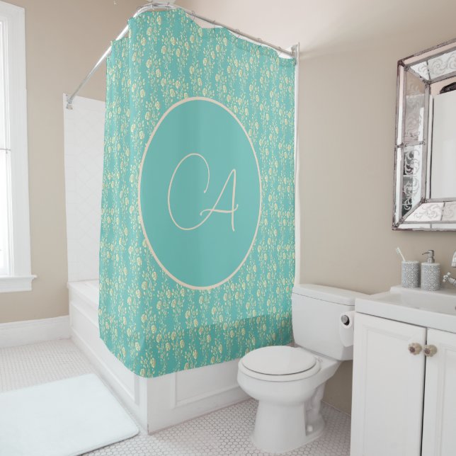 Kaskadierende Gold-Blume für Aquamarine Monogramme Duschvorhang (Beispiel)