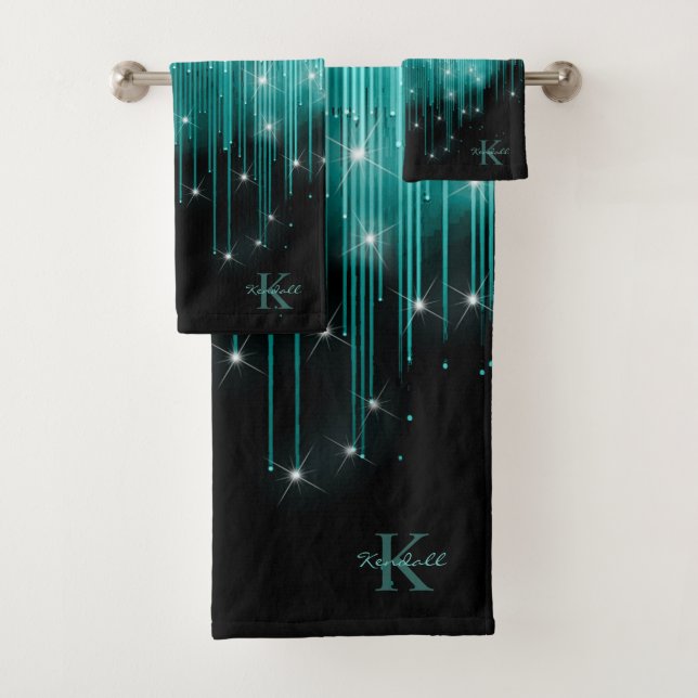 Kaskadierende Lights Monogram Aquamarin ID789 Badhandtuch Set (Insitu)