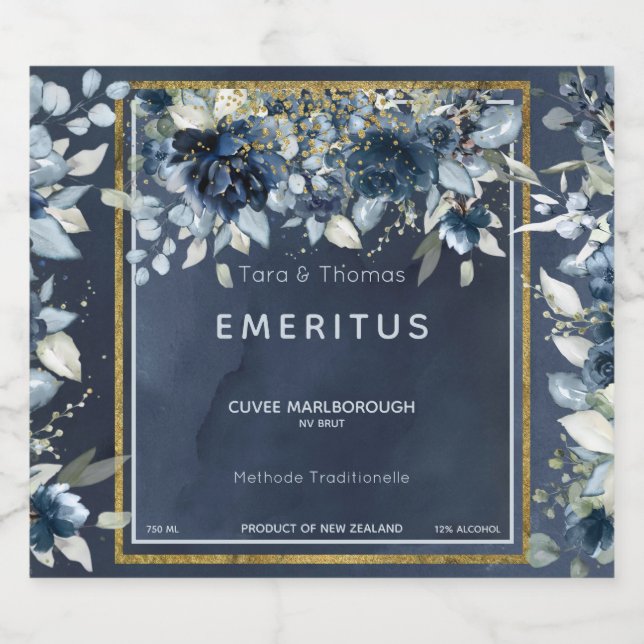 Kaskadierende Peonies Wedding Navy Sparkling Wine  (Einzelnes Label)