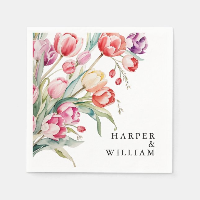 Kaskadierende Wasserfarben Tulpen Hochzeit Serviette (Vorderseite)