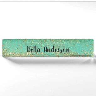 Kaskadierendes Gold Glitter & Türkis Aqua Glam Tre Namensplakette
