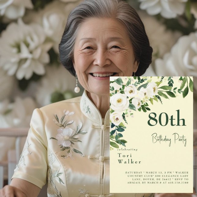 Kaskadierendes Weißes Blumengelb 80. Geburtstag Einladung (Von Creator hochgeladen)