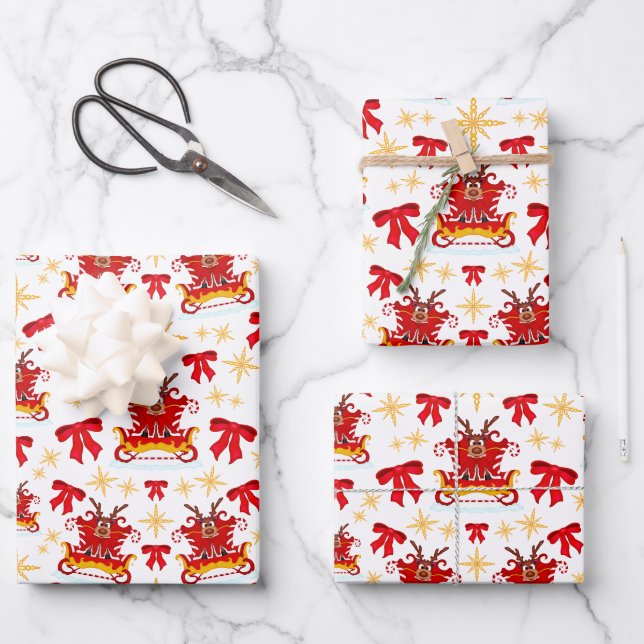 Kasky Niedlich Christmas Sleigh Rentier Pattern Geschenkpapier Set (Vorderseite)