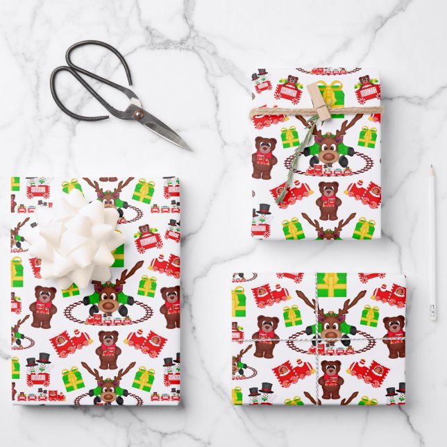 Kasky Niedlicher Weihnachtsmann mit Weihnachtszug Geschenkpapier Set (Vorderseite)