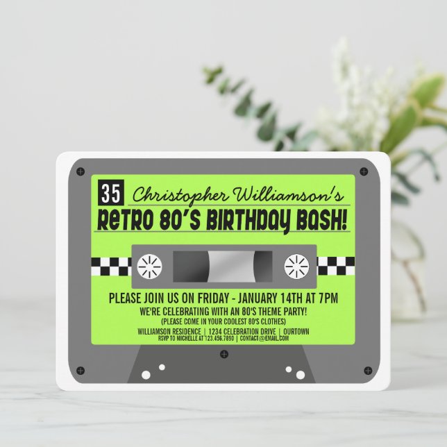 Kassette-Tape-Party Einladungen der 80er Jahre rüc (Stehend Vorderseite)