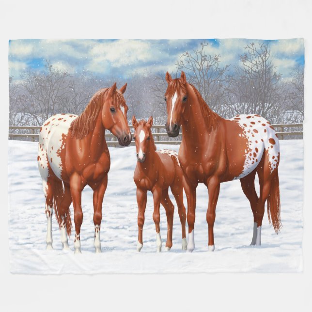 Kastanie Appaloosa Sorrel Rote Pferde im Schnee Fleecedecke (Vorderseite (Horizontal))