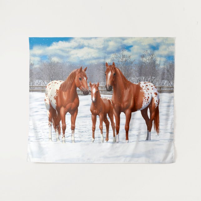 Kastanie Appaloosa Sorrel Rote Pferde im Schnee Wandteppich (Vorderseite (Horizontal))