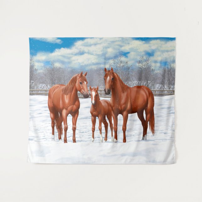 Kastanien-Sorrel-Schlachtross im Schnee Wandteppich (Vorderseite (Horizontal))