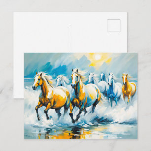 Kastanienbraune Pferde laufen durch flaches Meer Postkarte