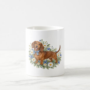 Kastanienbrauner Dachshund mit blauem Schleifchen Kaffeetasse