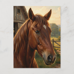 Kastanienbraunes Pferd Golden Hour Scheune Postkarte
