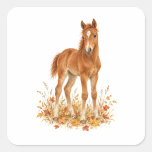 Kastanienbraunes Pferdefohlen auf einer Herbstwies Quadratischer Aufkleber