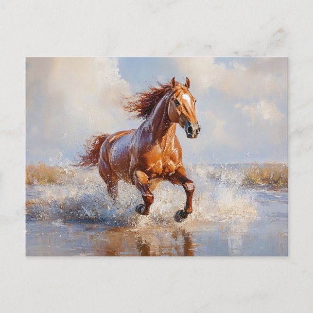 Kastanienbrown Pferd läuft am Strand Postkarte (Vorderseite)