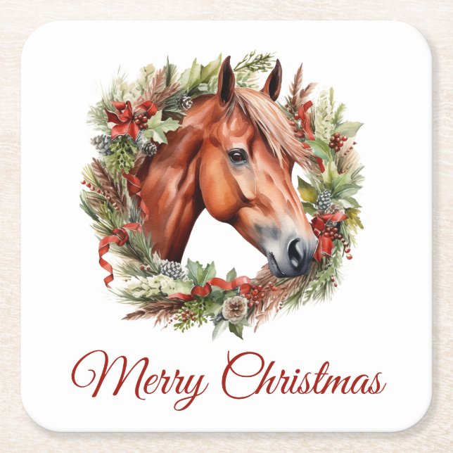 Kastanienpferd und Weihnachtskranz Rechteckiger Pappuntersetzer (Vorderseite)