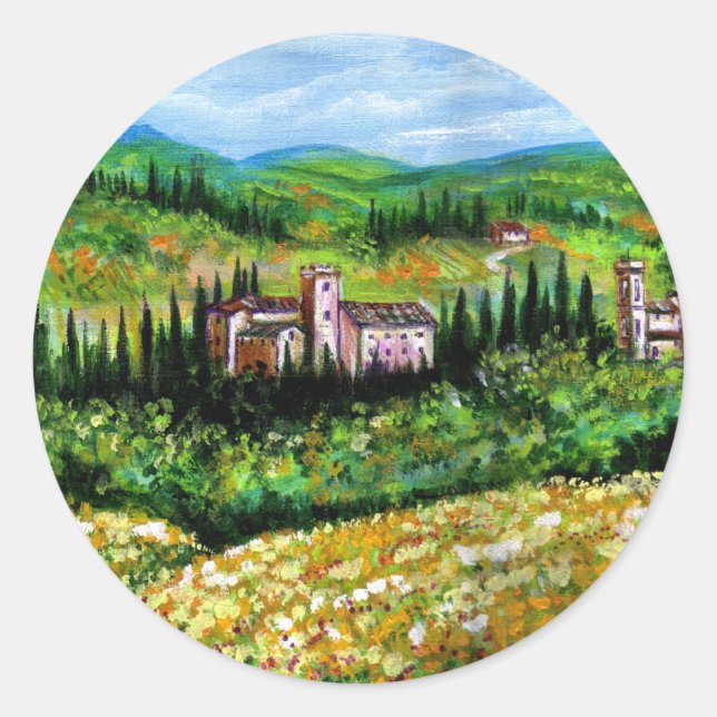 KASTEN IN DER LANDSCHAFT CHIANTI,GELBE BLUME RUNDER AUFKLEBER (Vorderseite)