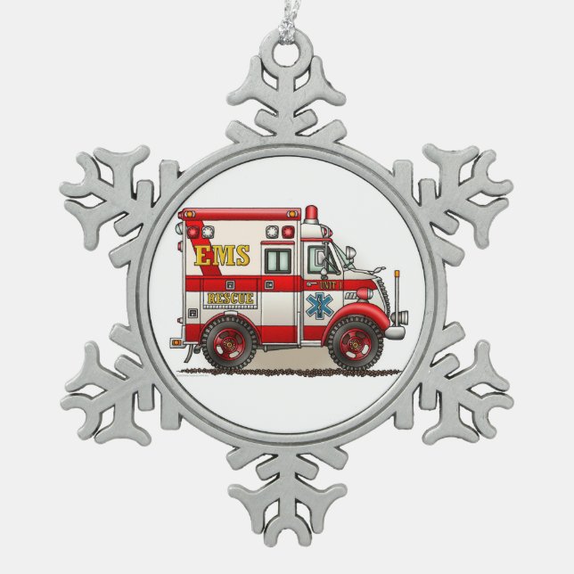 Kasten-LKW-Krankenwagen Schneeflocken Zinn-Ornament (Vorderseite)