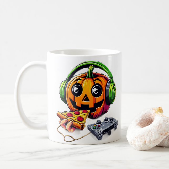 Käsy Halloween Vibes: Pumpkin Enjoys Pizza Gamin Kaffeetasse (Mit Donut)