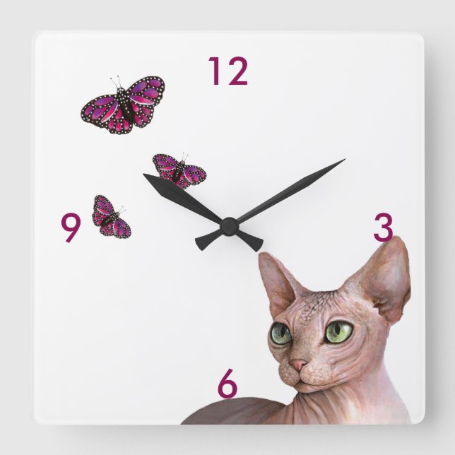 Kat 578 Sphynx Sphinx Kat Pink Butterfly Quadratische Wanduhr (Vorderseite)
