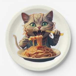 Kat isst Spaghetti Pappteller