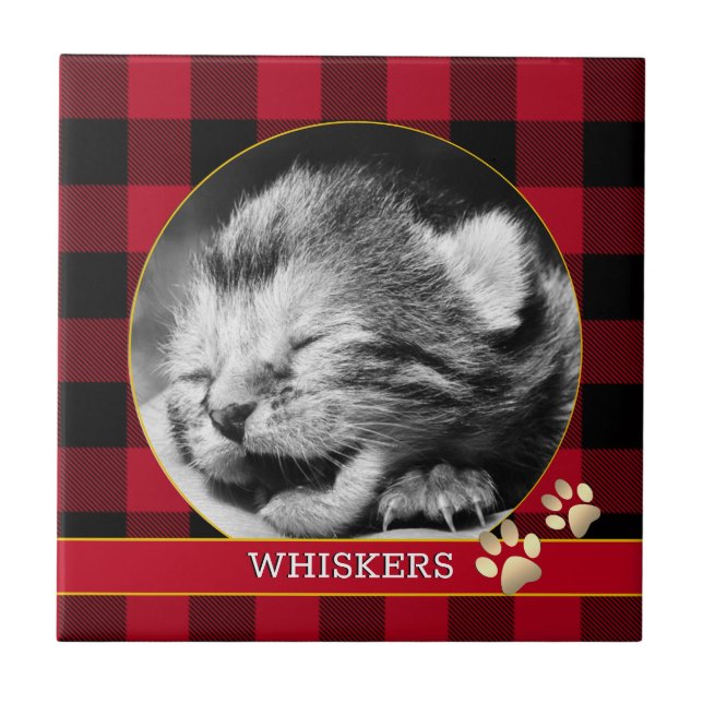 Kat Pawprint, Red Buffalo Kariert, Baby Kitten Fot Fliese (Vorderseite)