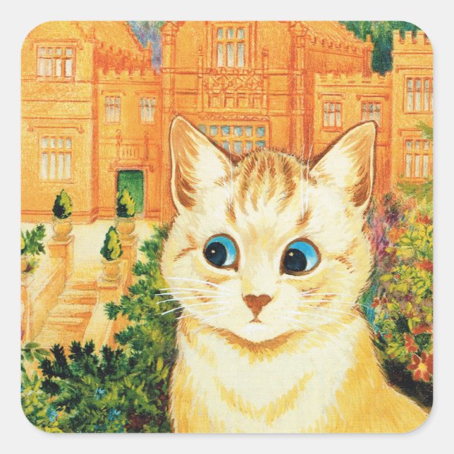 Kat und Gebäude Hintergrund von Louis Wain gemalt Quadratischer Aufkleber (Vorderseite)