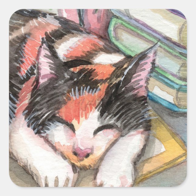 Kat von den Büchern Quadratischer Aufkleber (Vorderseite)