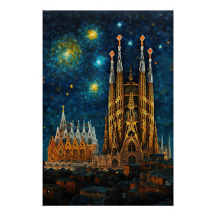 Katalan Starry Night   Gaudí Meets Van Gogh Poster