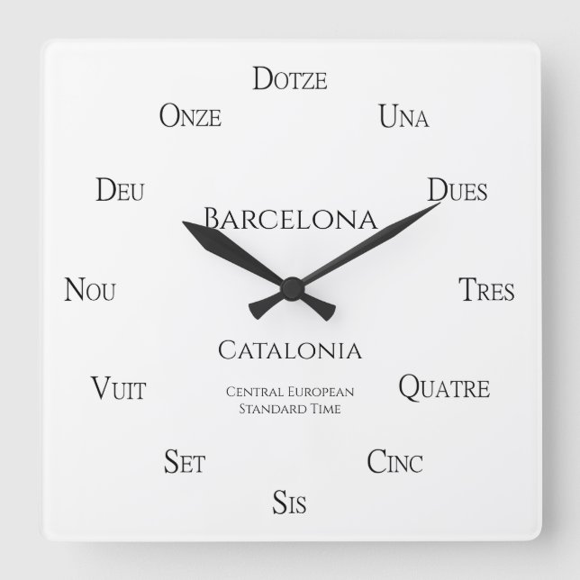 Katalanische Nummern Benutzerdefinierte Stadt Land Quadratische Wanduhr (Vorderseite)