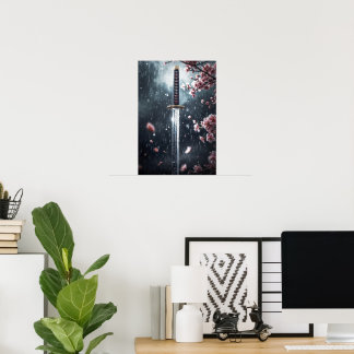 Katana Schwert mit Sakura Blüten im Regen Poster