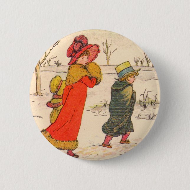 Kate Greenaway Winterszene Button (Vorderseite)