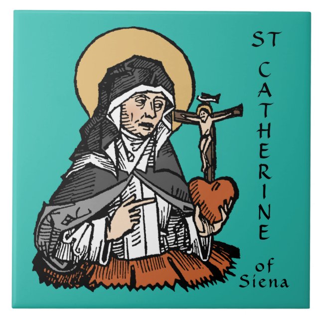Katharina von Siena mit Crucifix-Topped Herz Fliese (Vorderseite)