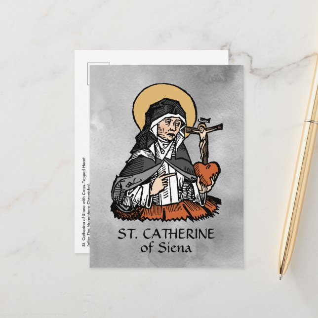 Katharina von Siena mit Crucifix-Topped Herz Postkarte (Vorderseite/Rückseite Beispiel)