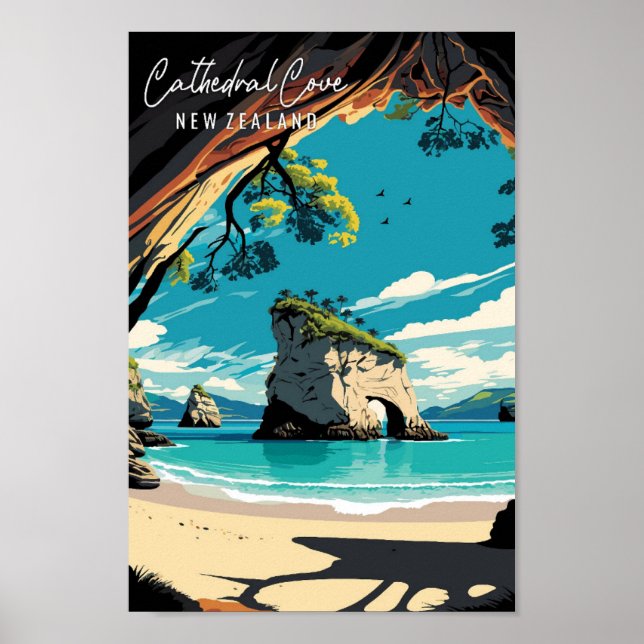 Kathedrale Cove Neuseeland Vintage Reise Poster (Vorne)