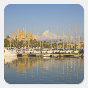Kathedrale und Jachthafen, Palma, Mallorca, Spanie Quadratischer Aufkleber