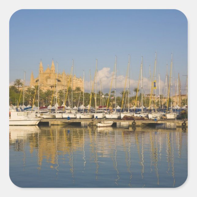Kathedrale und Jachthafen, Palma, Mallorca, Spanie Quadratischer Aufkleber (Vorderseite)