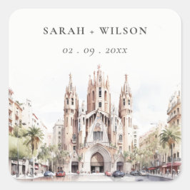 Kathedrale von Barcelona Spanien Wasserfarbenhochz Quadratischer Aufkleber